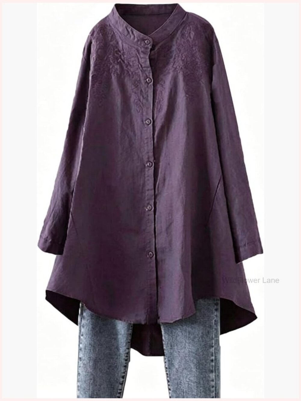 Cotton Linen High Low Button Down Embroidered Blouse Tunic Top